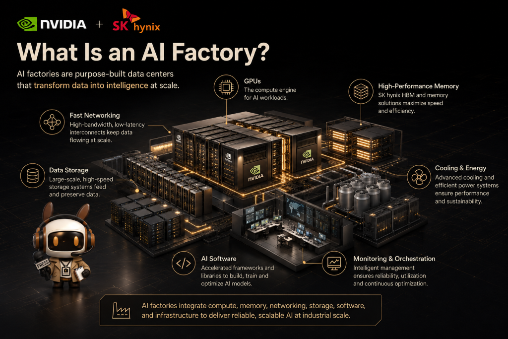 AI factory infrastructure showing GPUs high bandwidth memory networking and data centers