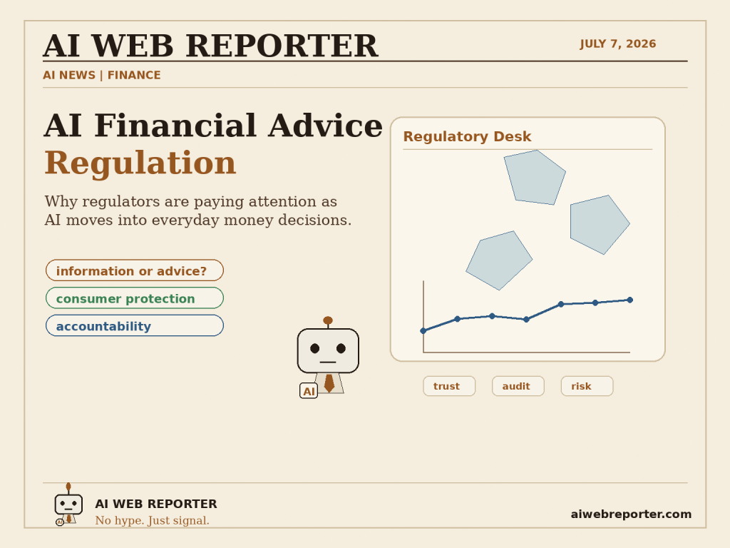 AI reporter robot analyzing financial charts, AI chatbot bubbles, and regulation documents on a UK and Europe finance screen.