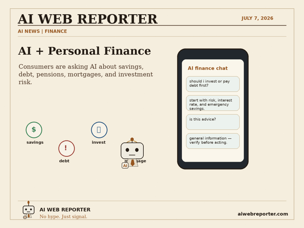 Smartphone showing AI finance chat with icons for savings, debt, investments, pension, and mortgage decisions.
