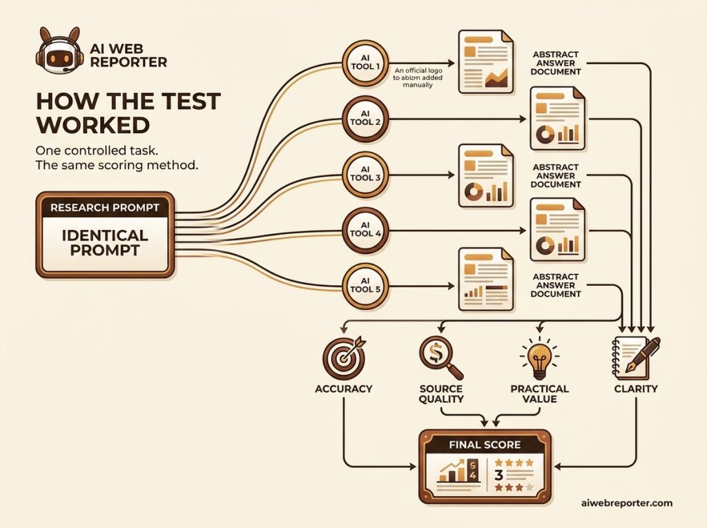 Method used to compare five AI research tools using the same prompt