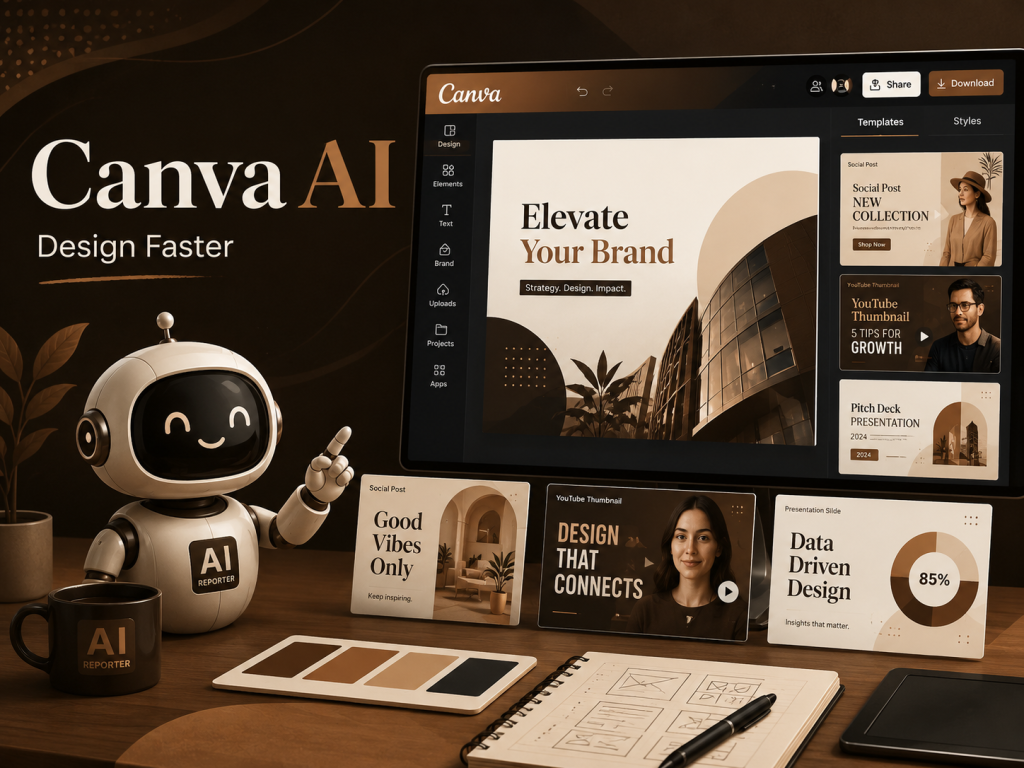 Small business content creator using Canva AI to design social posts, presentations, and YouTube thumbnails