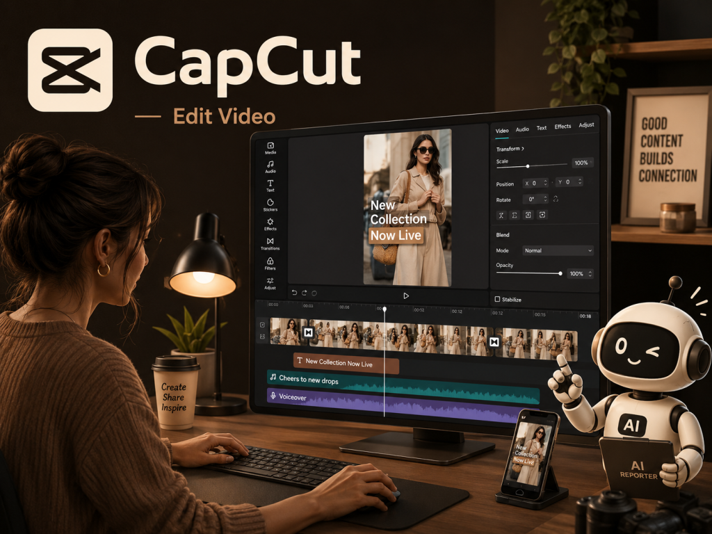 Content creator editing a vertical promotional video with captions, audio, transitions, and effects in CapCut