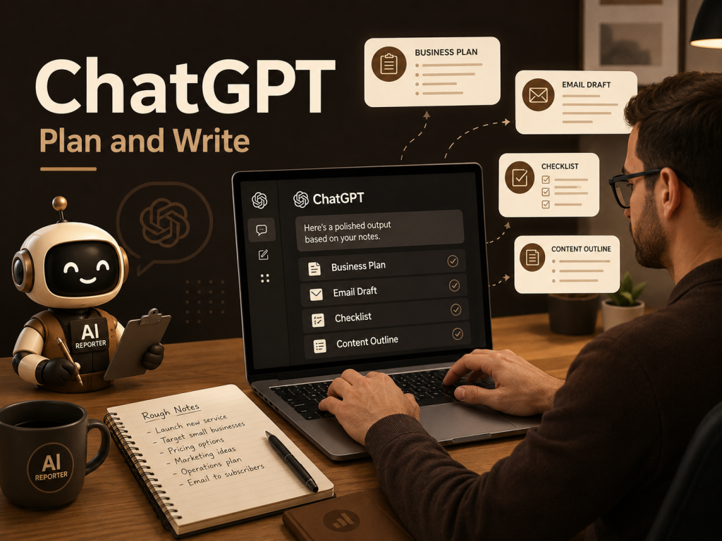 Small business owner using ChatGPT for business planning, email writing, checklists, and content outlines