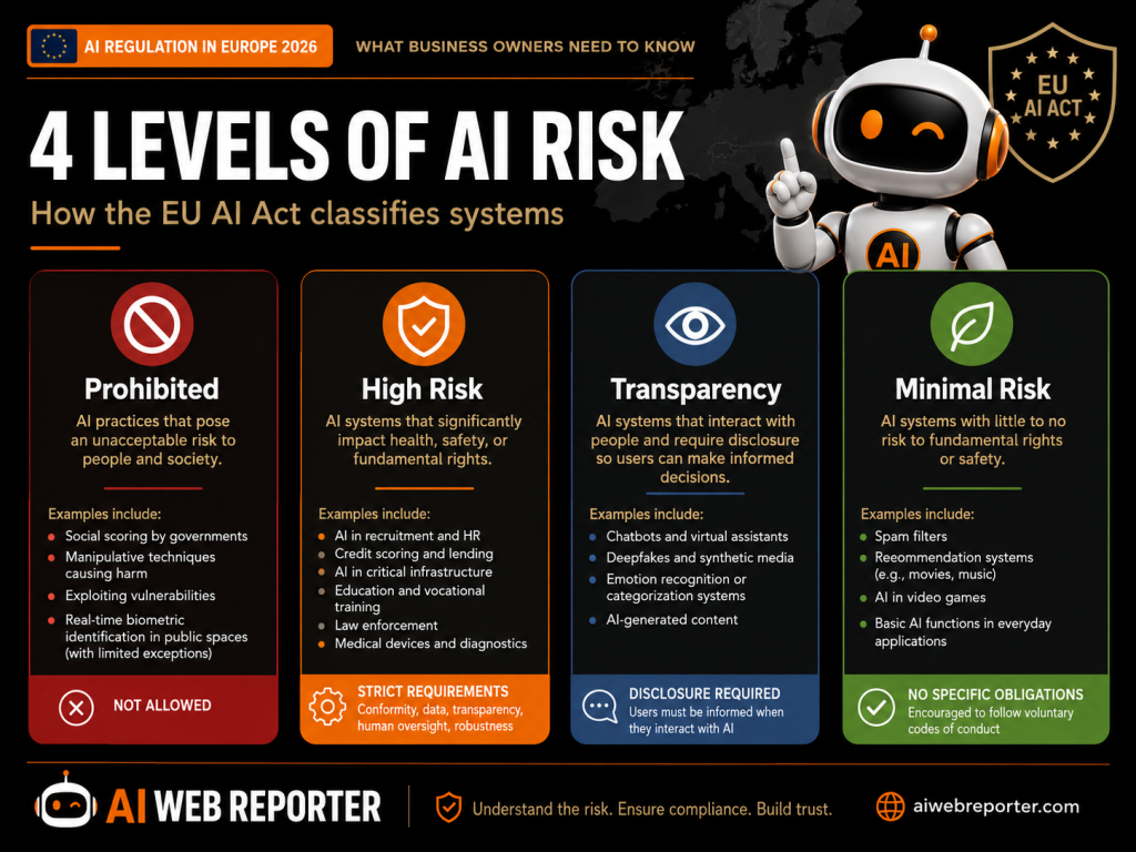 Four EU AI Act risk levels including prohibited, high risk, transparency and minimal risk
