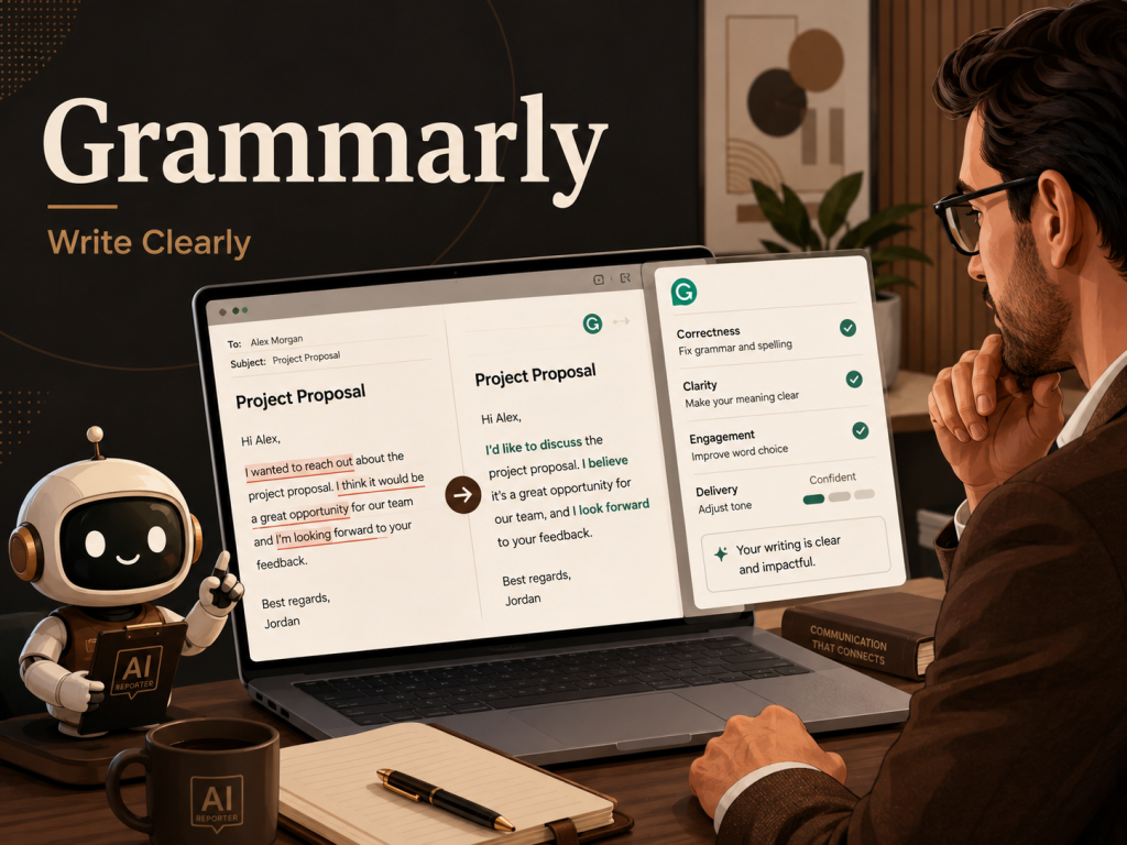 Business professional using Grammarly to improve grammar, clarity, tone, and wording in a project proposal