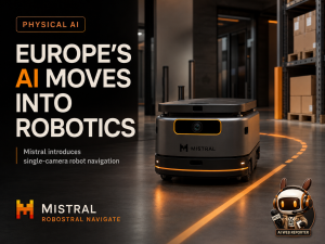 A mobile robot using a single camera to navigate a modern European warehouse, representing Mistral Robostral Navigate.