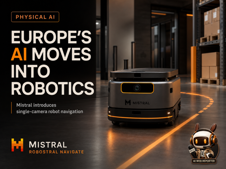 A mobile robot using a single camera to navigate a modern European warehouse, representing Mistral Robostral Navigate.