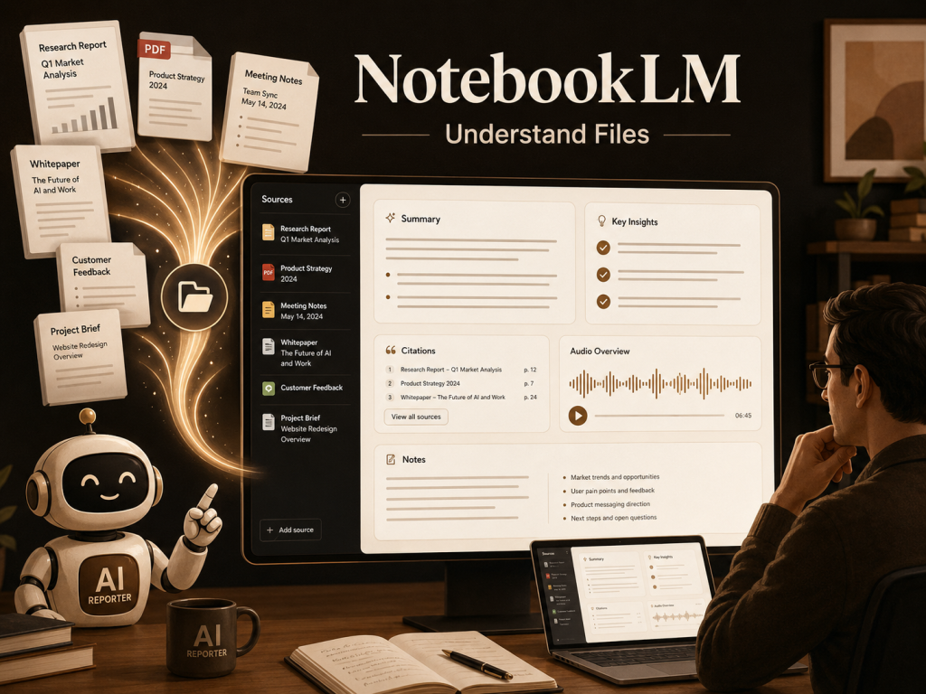 NotebookLM analysing business reports, meeting notes, customer feedback, and research documents