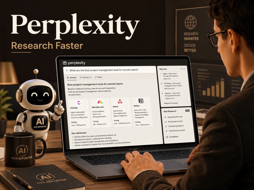 Business owner using Perplexity AI to research project management tools and compare online sources