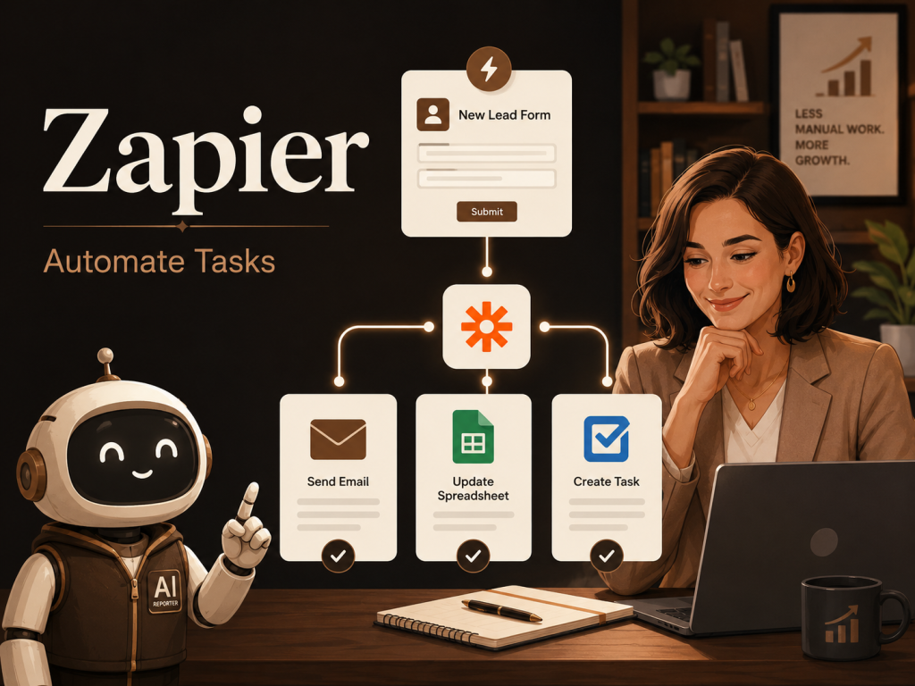 Zapier workflow automatically sending an email, updating a spreadsheet, and creating a task after a new lead form