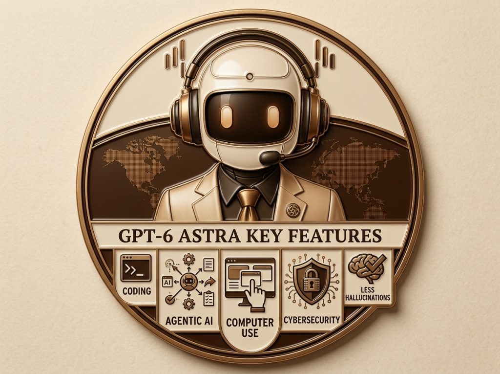GPT-6 Astra key features infographic showing computer use agentic AI coding cybersecurity and fewer hallucinations — AI Web Reporter
