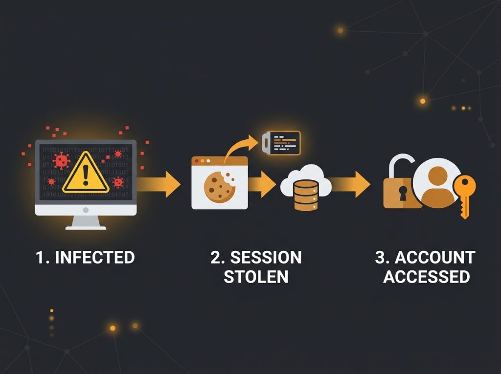 Step-by-step graphic showing how infostealer malware steals AI account login sessions